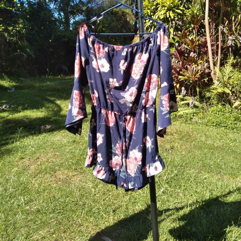 E&M Off Shoulder Drawstring Ruffle Floral Romper - Picture 9 of 10